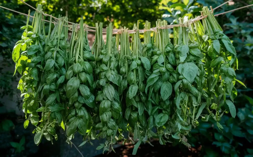 A photo of a bundle of basil stems hanging upside down to dry.