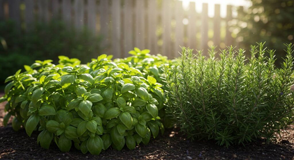 basil and rosemary in the garden