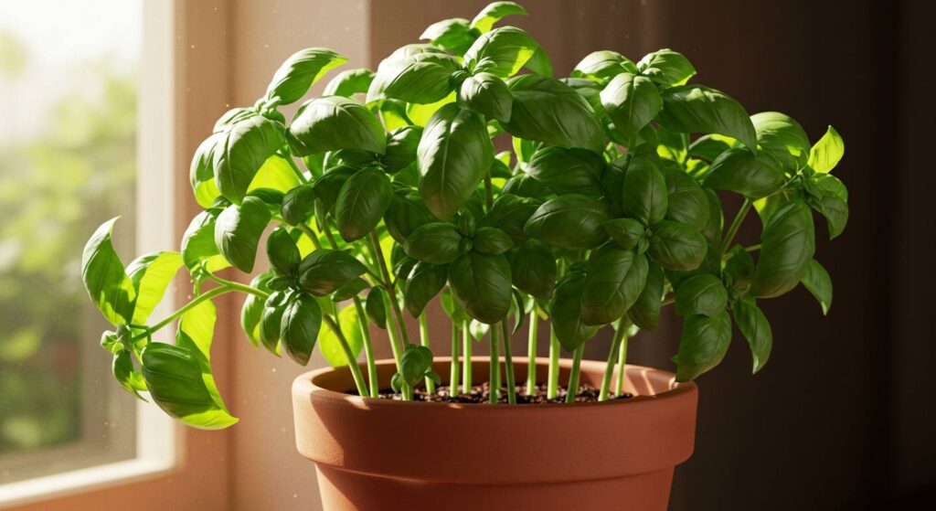 basil plant leaning