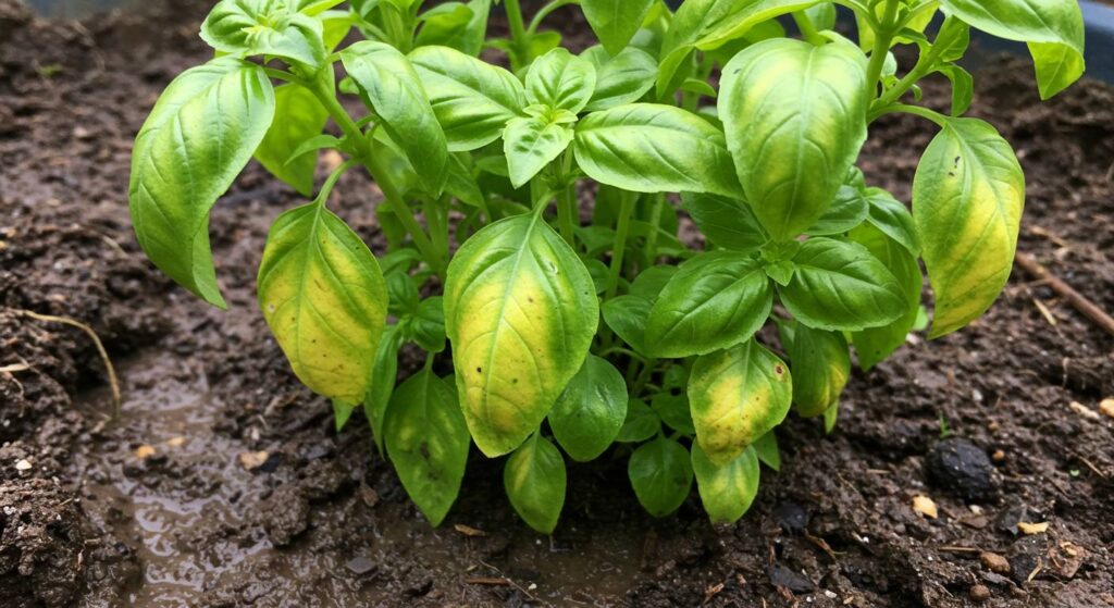 basil plant waterlogged from rain

