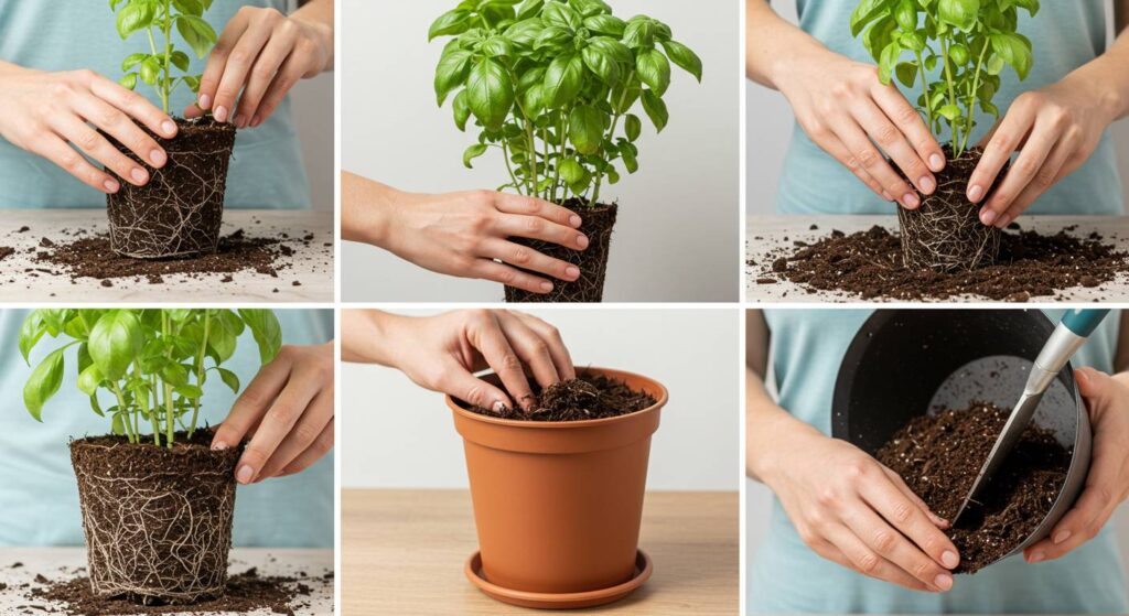 basil repotting process
