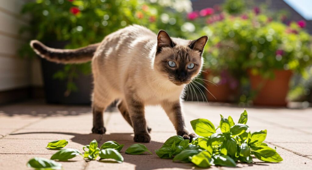 cats eating basil leaves
