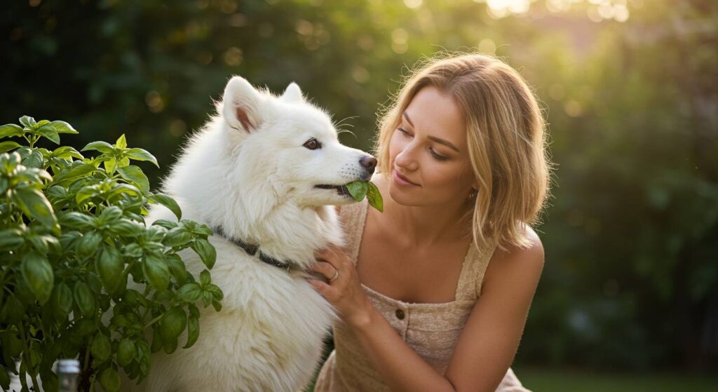 dog eating basil
