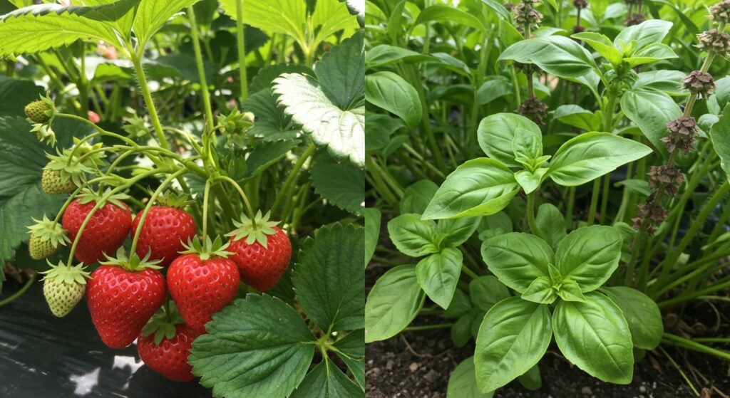 growing basil with strawberries
