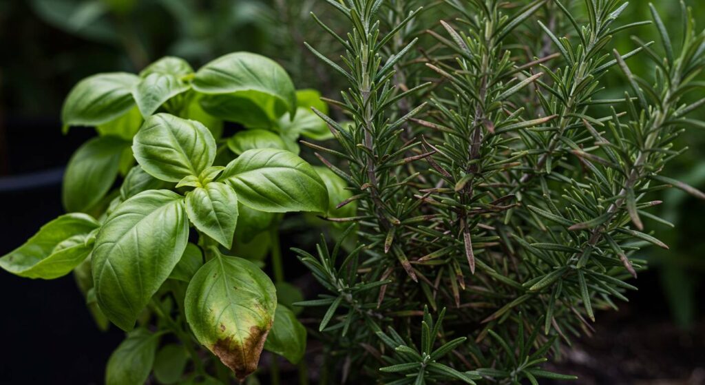 growing herbs together basil rosemary
