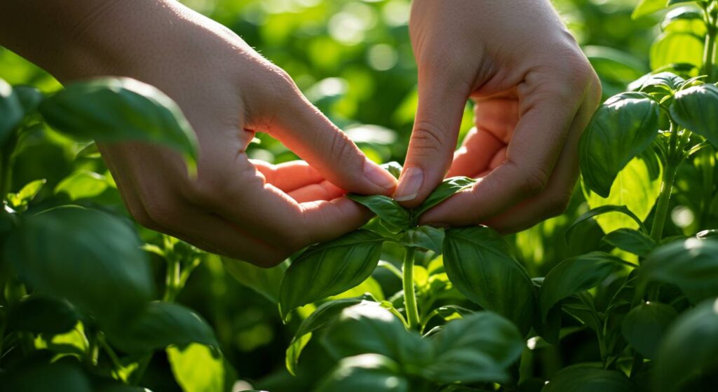 handling fresh picked basil
