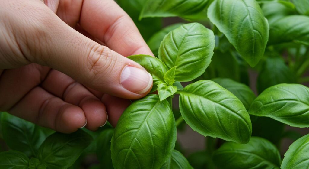 harvesting basil tips for healthy plant