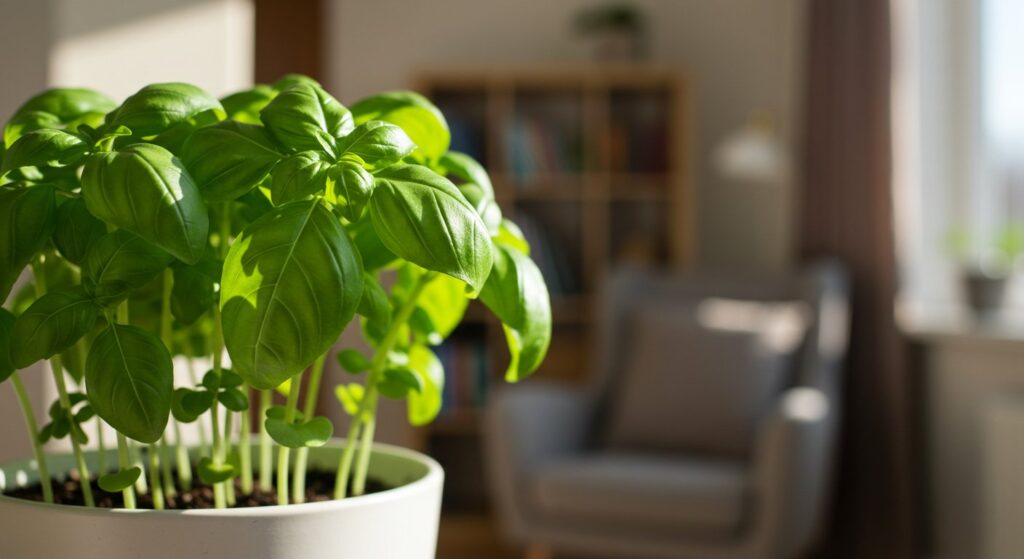 indoor basil growing from seeds
