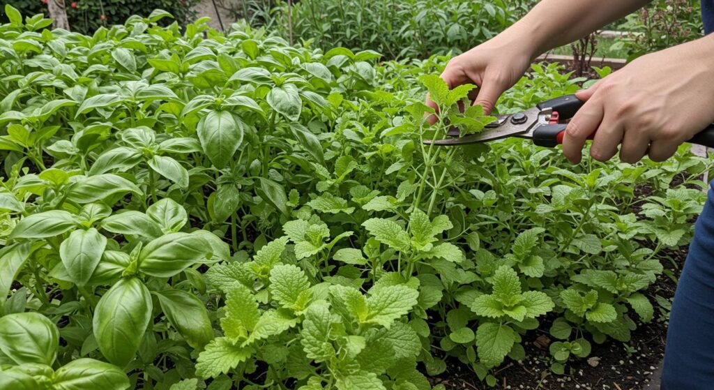 lemon balm and basil in garden