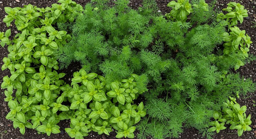 mixing basil and dill in garden
