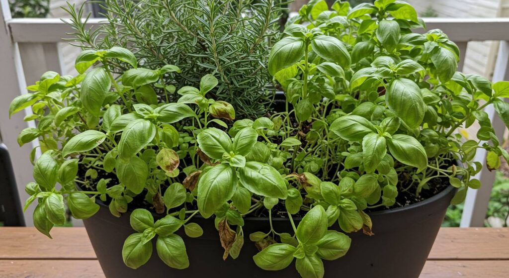 mixing basil and rosemary
