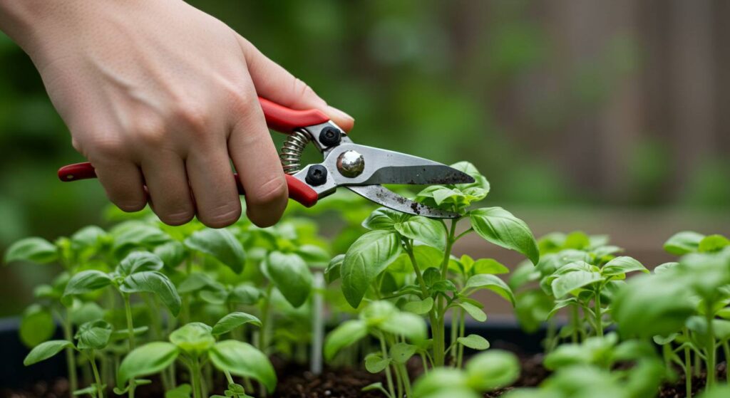 pinching basil sprouts before outdoor planting