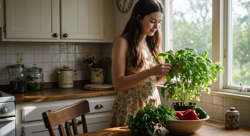 plucking wilted basil
