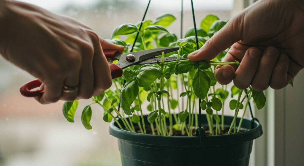 pruning basil in hanging baskets