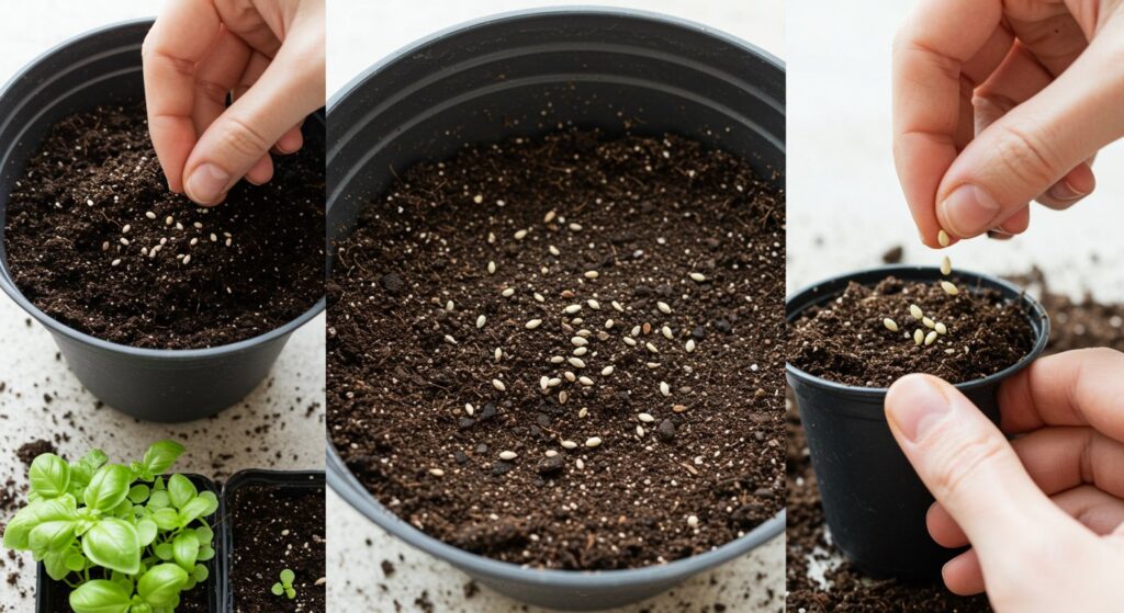 sowing basil seeds in containers
