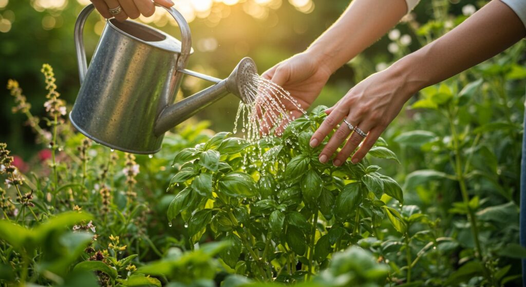 taking care of basil outdoors
