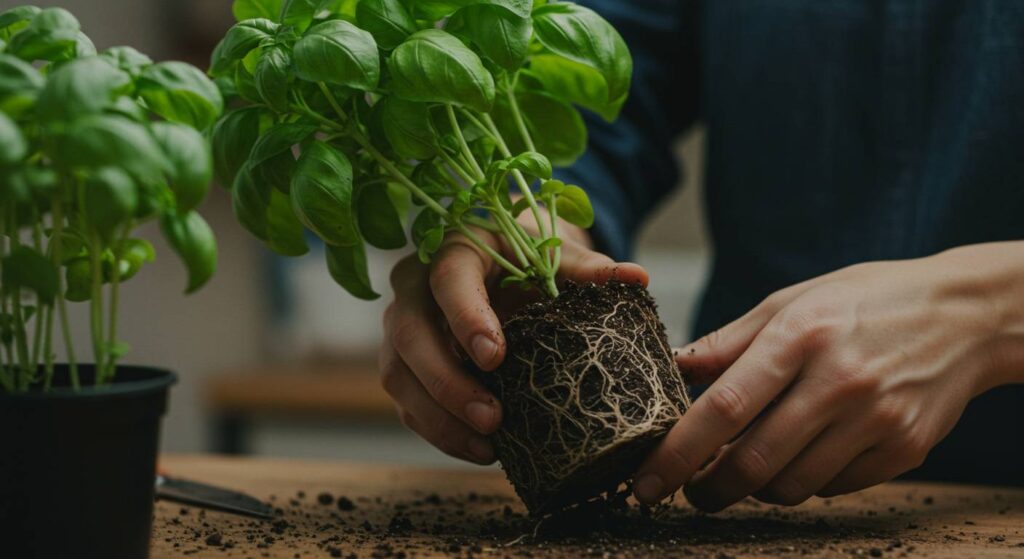 transplanting basil with roots
