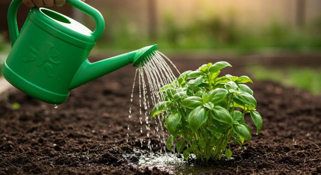 watering basil from above