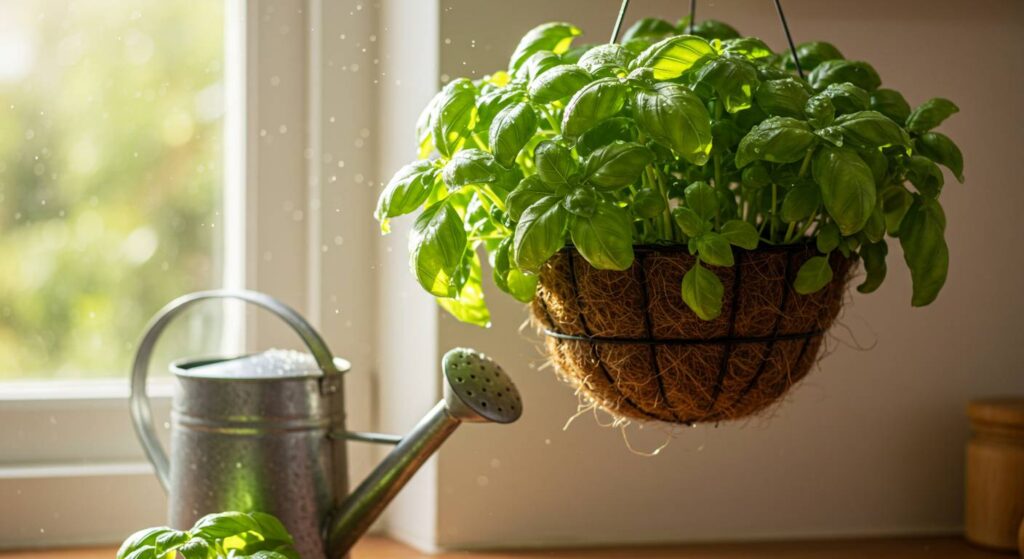 watering basil in hanging baskets
