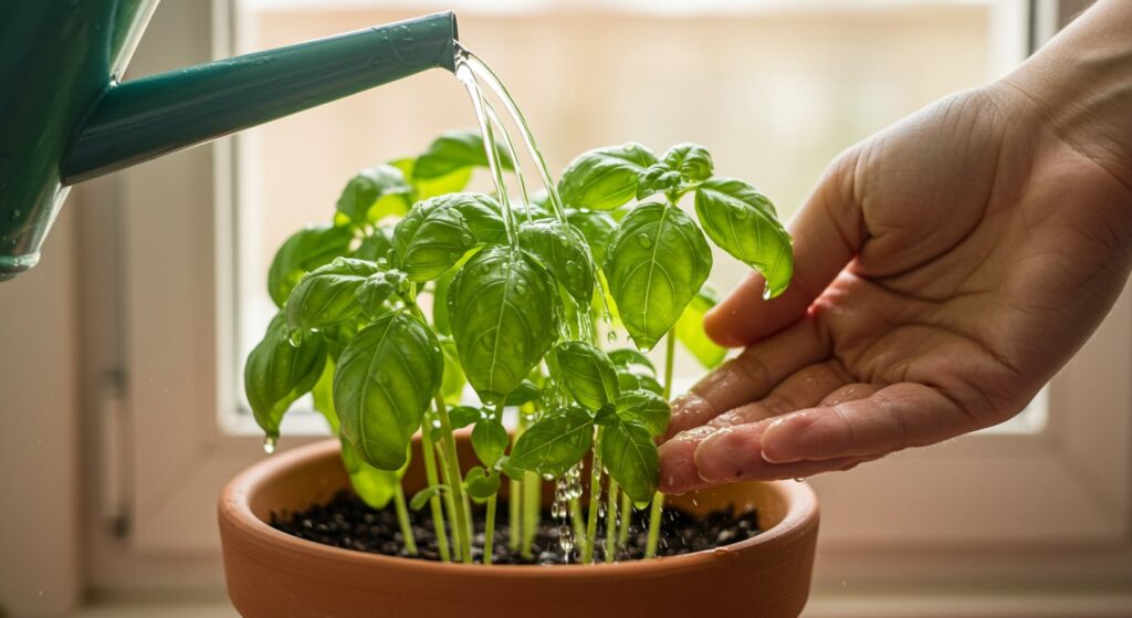 watering indoor basil
